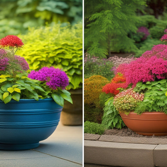 A split-screen image featuring a small, overflowing planter with struggling ground cover on the left, and a larger, thriving planter with lush, sprawling ground cover on the right.