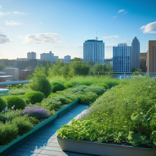 A serene rooftop garden with lush green herbs and flowers, surrounded by a network of thin, black irrigation tubes and tiny sprinkler heads, set against a bright blue sky with fluffy white clouds.