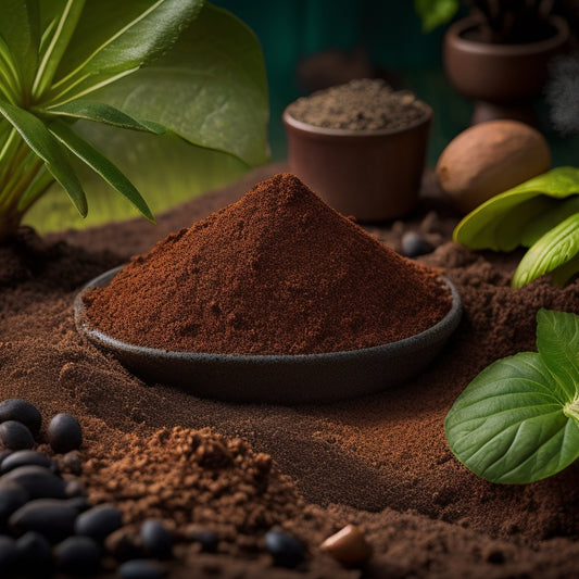 A close-up composition featuring a rich, dark brown organic soil mix with visible chunks of coconut coir, perlite, and vermiculite, surrounded by lush greenery and a few scattered seeds.