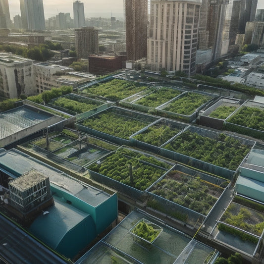 An aerial view of a lush rooftop farm with rows of vibrant green crops, surrounded by urban skyscrapers, featuring a network of pipes and water tanks to collect and distribute rainwater.