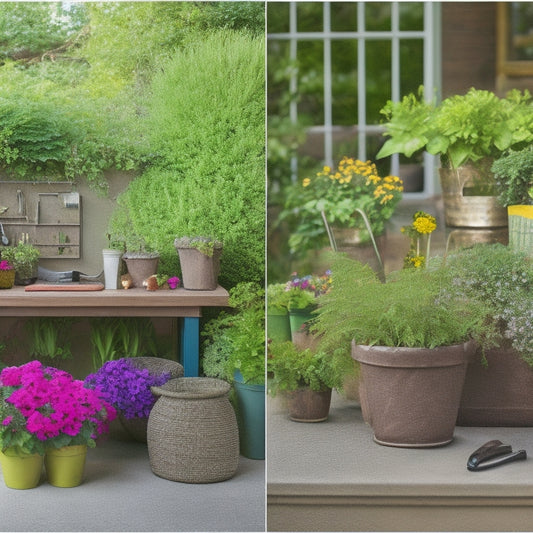 A split-screen image featuring a beautifully crafted DIY patio planter with lush greenery and vibrant flowers on one side, and a cluttered workbench with scattered tools, materials, and a calculator on the other.