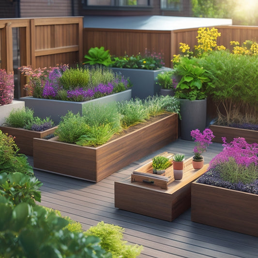 A 3D rendering of a modern backyard with a wooden deck, featuring three perfectly designed planter boxes with vibrant greenery and flowers, surrounded by sleek gardening tools and a laptop with a CAD design open.