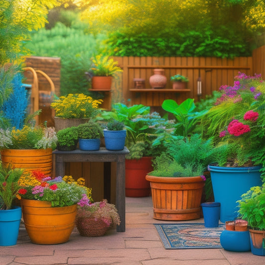 A serene backyard scene featuring a variety of DIY planters, including a repurposed wooden pallet, a macramé hanger, and a mosaic-tiled pot, amidst lush greenery and vibrant flowers.