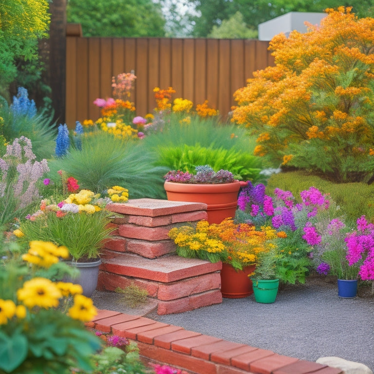 A colorful, sunny backyard scene with four DIY cinder block planters of varying sizes, overflowing with lush greenery and vibrant flowers, surrounded by rustic wooden benches and a meandering stone path.