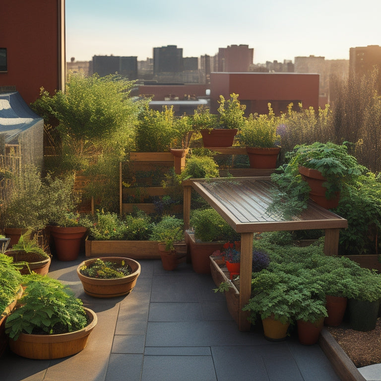 A serene rooftop garden scene with lush greenery, thriving vegetables, and herbs in raised beds, surrounded by a trellis, a small water harvesting system, and a few wooden planters.