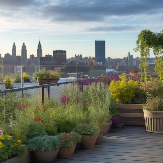 A serene rooftop garden in a windy area, with lush greenery and vibrant flowers secured in place with trellises, stakes, and weights, surrounded by a sturdy railing and a cityscape in the background.