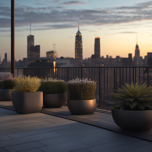 A serene rooftop scene at dusk: a sleek, modern balcony with sleek railings, overflowing planters, and a statement sculpture, overlooking a breathtaking cityscape with twinkling skyscrapers.