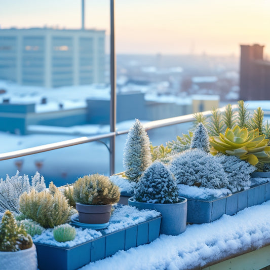 A serene winter rooftop garden with snow-covered planters, evergreen shrubs, and frost-kissed succulents, surrounded by a sturdy wooden railing and a cityscape backdrop under a pale blue sky.