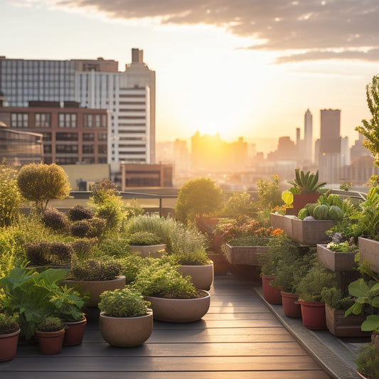 A serene rooftop garden with lush greenery, vibrant flowers, and an assortment of fruits and vegetables thriving in wooden planters, surrounded by a chic urban skyline at sunset.