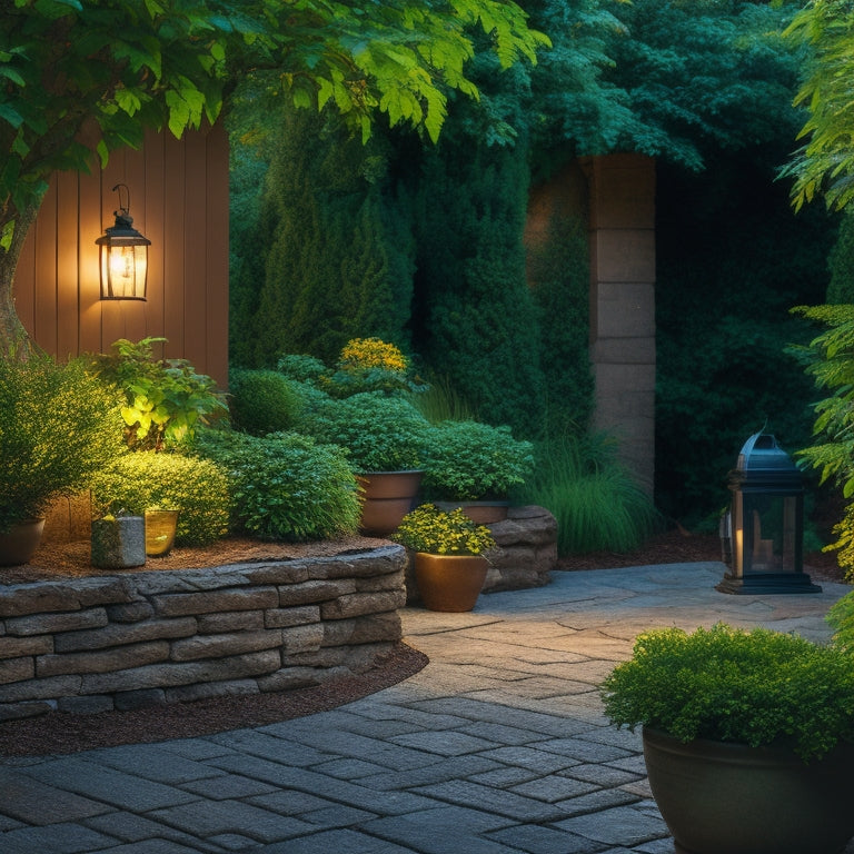 A serene backyard scene featuring a lush greenery-filled cinder block planter wall, with varying-sized blocks, surrounded by a meandering stone path and a few strategically-placed outdoor lanterns.