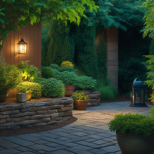 A serene backyard scene featuring a lush greenery-filled cinder block planter wall, with varying-sized blocks, surrounded by a meandering stone path and a few strategically-placed outdoor lanterns.