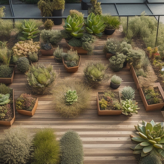 Aerial view of a lush, thriving rooftop garden featuring a variety of succulents in modern, geometric planters, surrounded by sleek wooden decking and a chic glass railing.