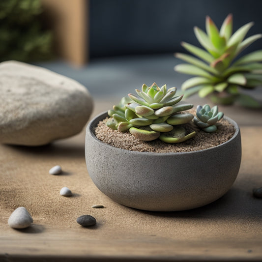 A minimalist concrete planter with a small succulent, surrounded by scattered pebbles and a few sprigs of moss, on a weathered wooden table with a blurred, lush green background.