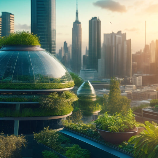 A futuristic rooftop scene with sleek, angular greenhouses and vertically stacked planters, overflowing with lush, vibrant greens, amidst a bustling cityscape with skyscrapers and flying drones.