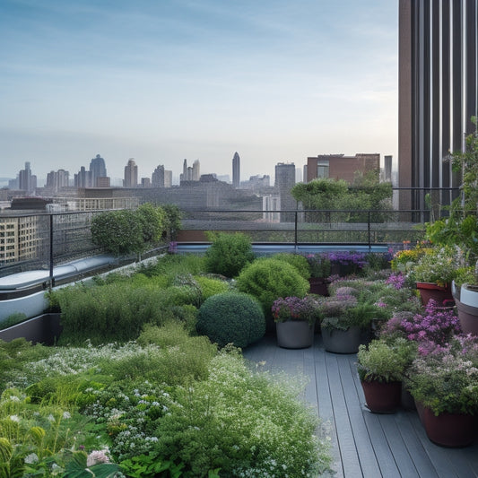 A compact, lush rooftop garden with curved metal railings, overflowing with varied greenery and colorful blooms, surrounded by sleek, modern cityscape buildings under a cloudy blue sky.