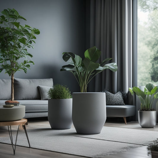 A modern living room with a sleek, gray concrete planter on a minimalist coffee table, surrounded by lush greenery, with three additional planters of varying shapes and sizes in the background.