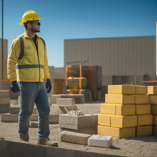 A person wearing a yellow hard hat, safety goggles, and gloves, standing in front of a stack of concrete block planters, with a nearby toolbox and a warning sign in the background.
