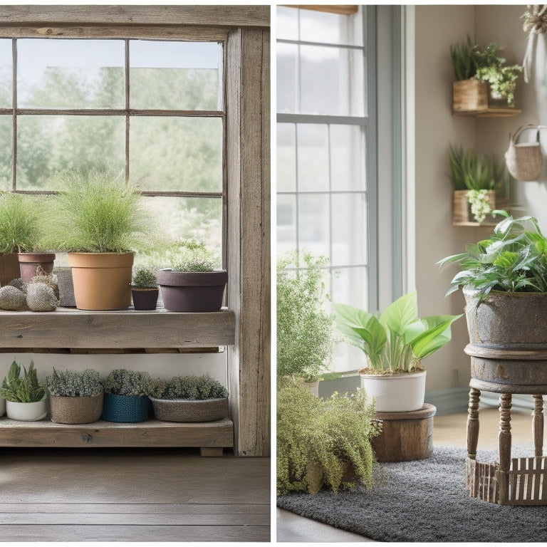 A split-screen image featuring a cluttered, expensive-looking nursery with pricey planters on the left, and a creative, upcycled DIY planter made from an old pallet or mason jar on a rustic wooden table on the right.