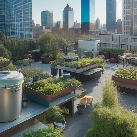 A bustling urban rooftop featuring a lush green roof with vertically-stacked planters, a hydroponic system, and a beehive, surrounded by a thriving garden and a small outdoor kitchen area.