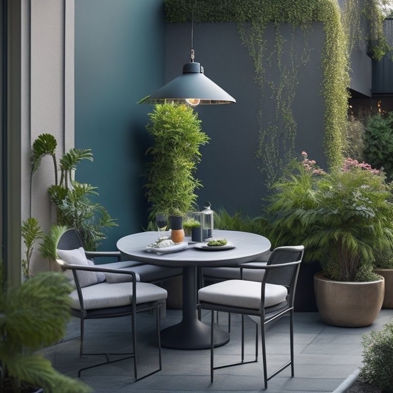 A serene rooftop oasis with a small footprint: a sleek, curved bench hugs a corner, surrounded by lush greenery, a petite dining set, and a statement light fixture suspended above.