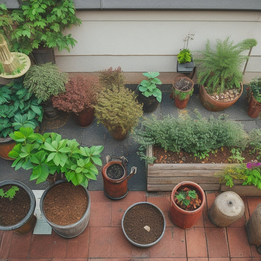 An overhead view of a lush rooftop garden, with a diverse array of recycled planters in varied shapes and sizes, including a rusty old boot, a wooden pallet, and a repurposed metal drum.