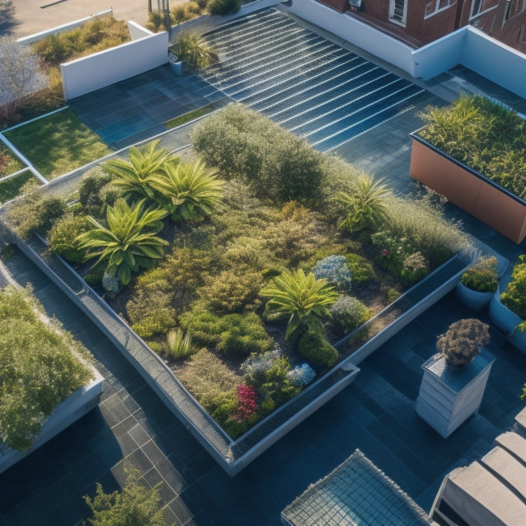 An aerial view of a lush rooftop garden with a variety of vibrant plants, a rainwater harvesting system, and a subtle grid pattern of irrigation pipes, set against a clear blue sky.