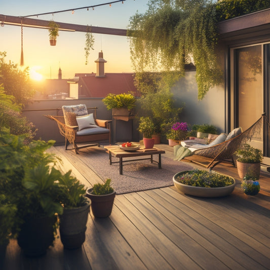 A serene rooftop garden scene at sunset with lush greenery, vibrant flowers, and a few potted plants, surrounded by a wooden deck, a hammock, and a small outdoor dining set.