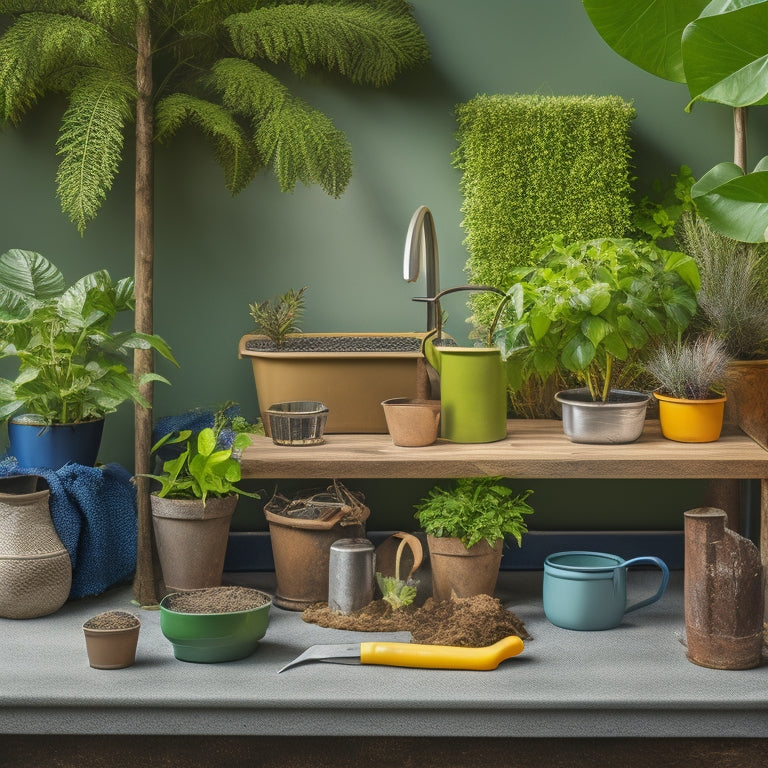 A bright, modern potting bench with five distinct tools laid out in a harmonious arrangement: a watering can, pruning shears, gardening gloves, a trowel, and a planter, surrounded by lush greenery.