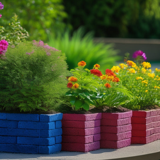 A colorful, multi-level planter composed of concrete blocks, filled with lush greenery and vibrant flowers, against a blurred background of a sunny garden or patio.