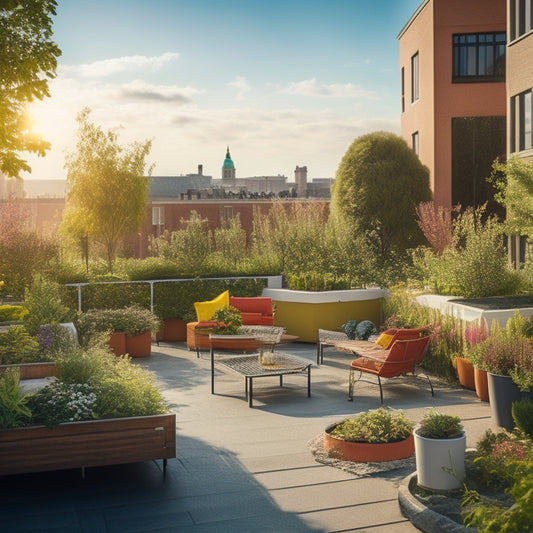 A serene rooftop garden on a sunny day, with lush greenery and vibrant flowers, surrounded by educational institution buildings, featuring a mix of modern and vintage outdoor furniture, and a few students tending to the plants.