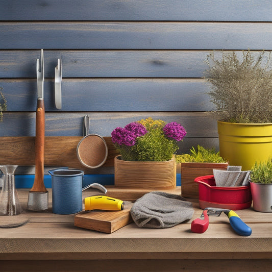 A colorful, organized workspace with a wooden block planter in the center, surrounded by various tools like a trowel, pruning shears, gloves, and a watering can, on a rustic wooden table.