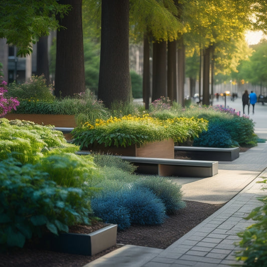 A serene urban park scene featuring a long, sleek block bench with built-in planters overflowing with lush greenery and vibrant flowers, surrounded by walking pedestrians and cyclists.