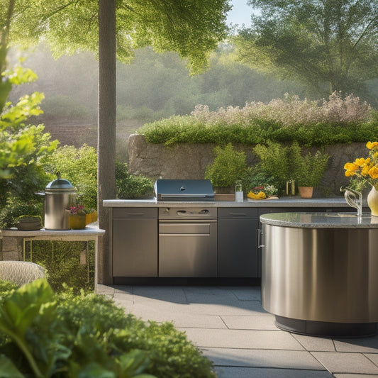 A serene outdoor kitchen scene featuring a large, curved planter overflowing with lush greenery, surrounded by sleek, modern appliances and a warm, stone-paved patio under a sunny, cloudless sky.