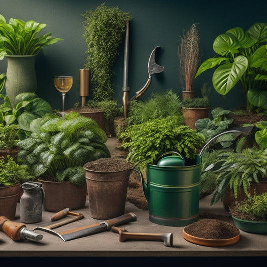 A stylized, overhead arrangement of various gardening tools, including a trowel, pruners, gloves, and a watering can, surrounding a large, ornate planter filled with lush greenery.