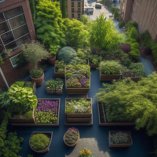 An overhead view of a lush, thriving rooftop garden in a small urban space, with vertically stacked planters, trellises, and a mix of vibrant vegetables, flowers, and herbs, surrounded by sleek city buildings.