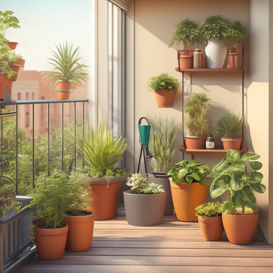 An illustration of a balcony with multiple planters, showcasing a variety of efficient watering systems, including a drip irrigation system, self-watering planters, and a watering can with a long spout.