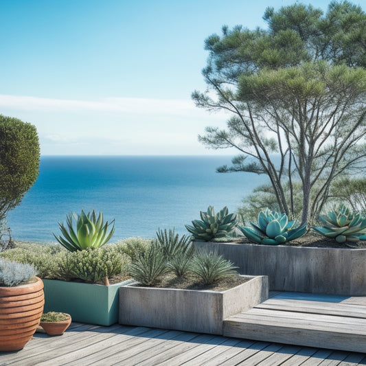 A serene rooftop garden scene with sleek, weathered-wood planters overflowing with salt-tolerant succulents and grasses, set against a backdrop of turquoise ocean views and clear blue skies.