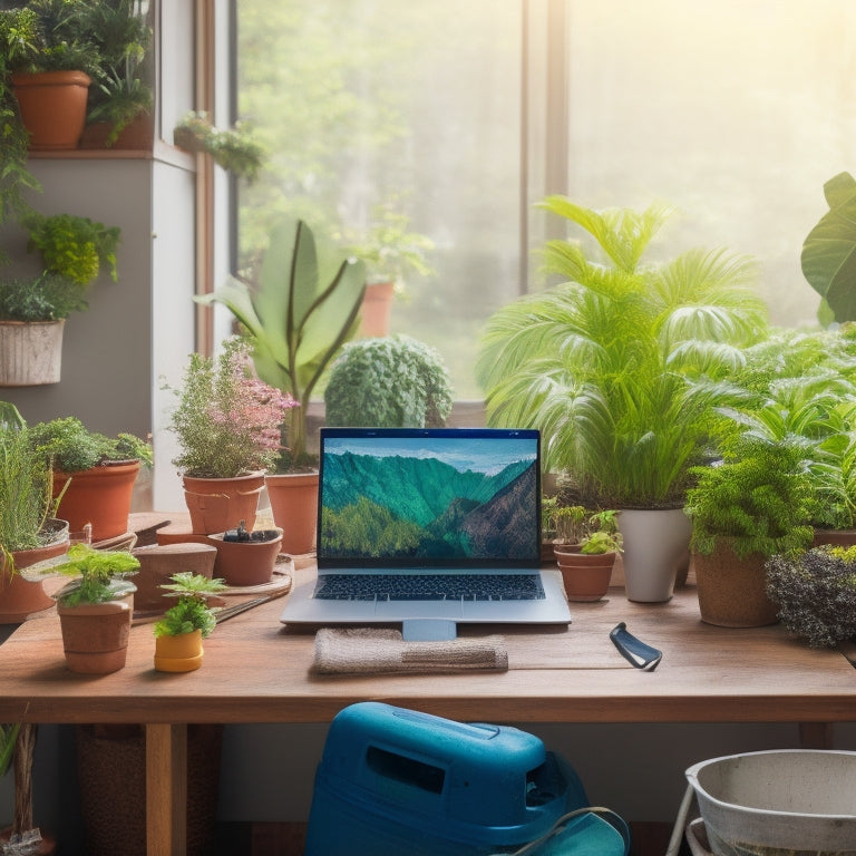 A colorful and organized workspace with a laptop, surrounded by various gardening tools, blocks, and small potted plants, with a subtle greenery background and natural light.