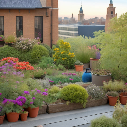 A serene rooftop garden with lush greenery, vibrant flowers, and a few subtle hints of pest control measures, such as a few ladybugs, a toad, and a discreetly placed birdhouse.