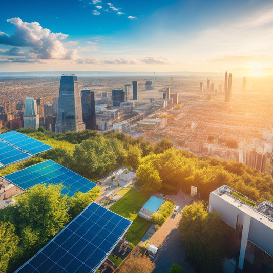 A vibrant, bird's-eye view of a cityscape with lush green rooftops, bursting with diverse flora, solar panels, and wind turbines, amidst a bright blue sky with a few fluffy white clouds.