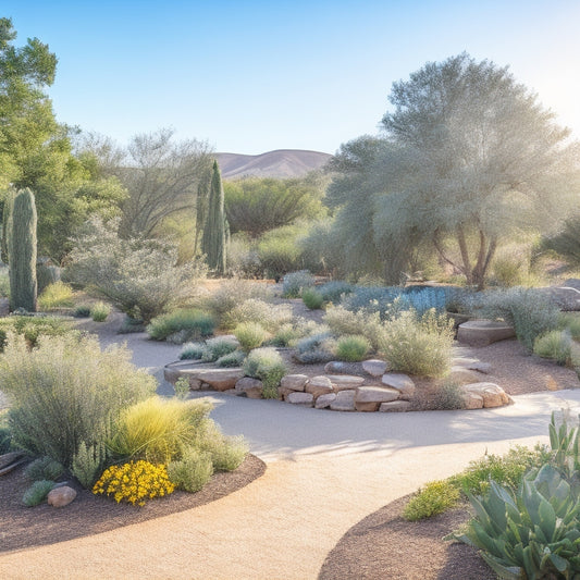 A serene urban garden oasis in a dry climate, with lush greenery and vibrant flowers thriving amidst a backdrop of arid, sandy dunes and rustic stone walls, under a bright blue sky.