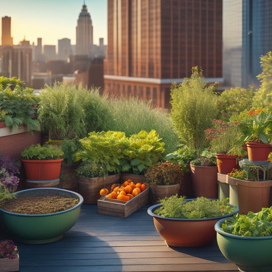 An illustration of a lush, thriving rooftop vegetable garden with vibrant green leaves and colorful blooms, surrounded by wooden planters and a compost bin in the corner, with a cityscape in the background.