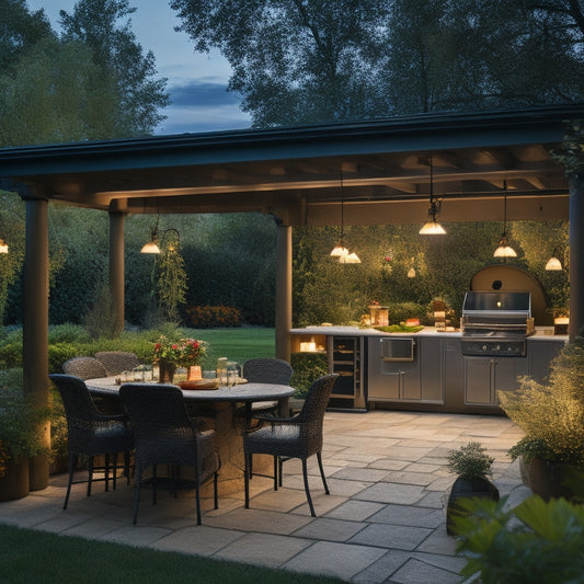 A serene outdoor kitchen with a pergola roof, featuring a large island with a built-in grill, surrounded by lush greenery, and adorned with warm string lights and lanterns at dusk.