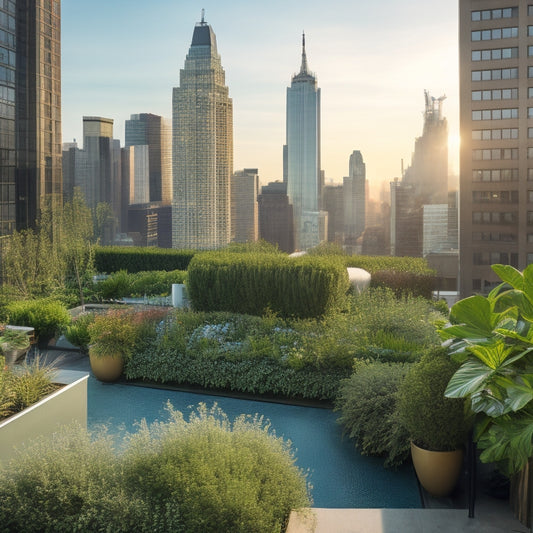 A serene rooftop garden with lush greenery, vibrant flowers, and a tranquil water feature, set against a backdrop of a bustling cityscape with towering skyscrapers and a hazy blue sky.