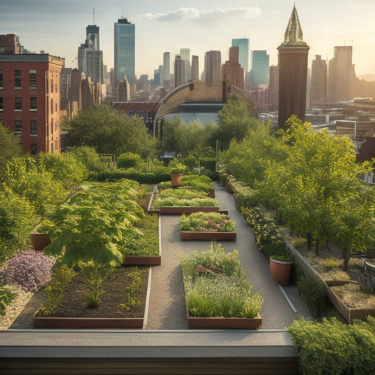 An aerial view of a lush, vibrant rooftop garden with diverse greenery, blooming flowers, and thriving vegetables, surrounded by a rustic wooden border, with a subtle cityscape in the background.