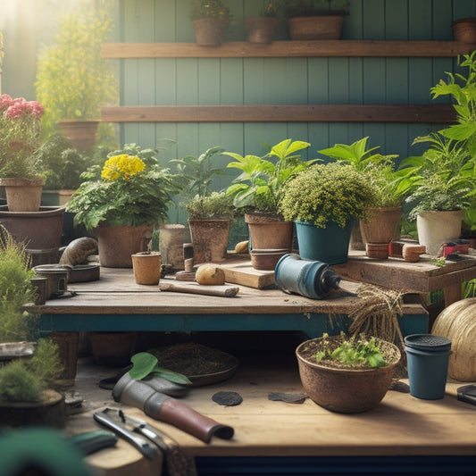 A cluttered workbench with a half-built block planter, surrounded by scattered power tools, gardening gloves, and a few potted plants, with a blurred background of a sunny backyard.
