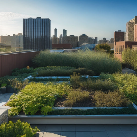 A serene rooftop garden with an assortment of lush, vibrant herbs, surrounded by sleek, modern irrigation systems, including a drip irrigation network and a self-watering planter, set against a clear blue sky.