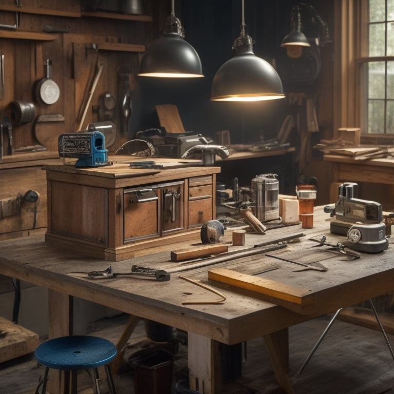 A cluttered workshop table with a wooden block planter prototype in the center, surrounded by various tools including a table saw, drill press, hand saw, tape measure, level, and safety goggles.