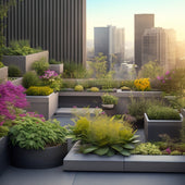 An illustration of a modern rooftop garden featuring multiple concrete planters of varying sizes, each with a unique irrigation system, including drips, sprays, and misting systems, amidst lush greenery and flowers.