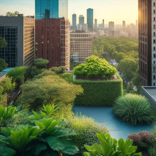 A serene, birds-eye view of a lush, verdant rooftop garden with varying plant heights, surrounded by a sleek, modern cityscape, showcasing a tranquil oasis amidst urban bustle.